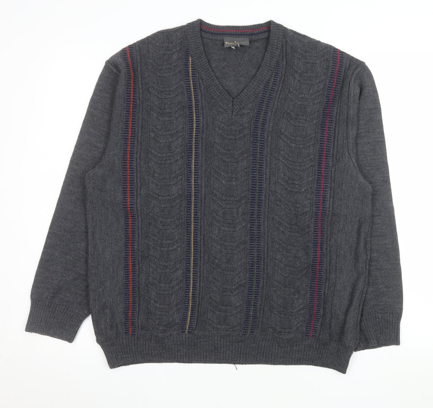 Peter Gribby Men’s Grey Cable-Knit Wool Blend V-Neck Jumper L