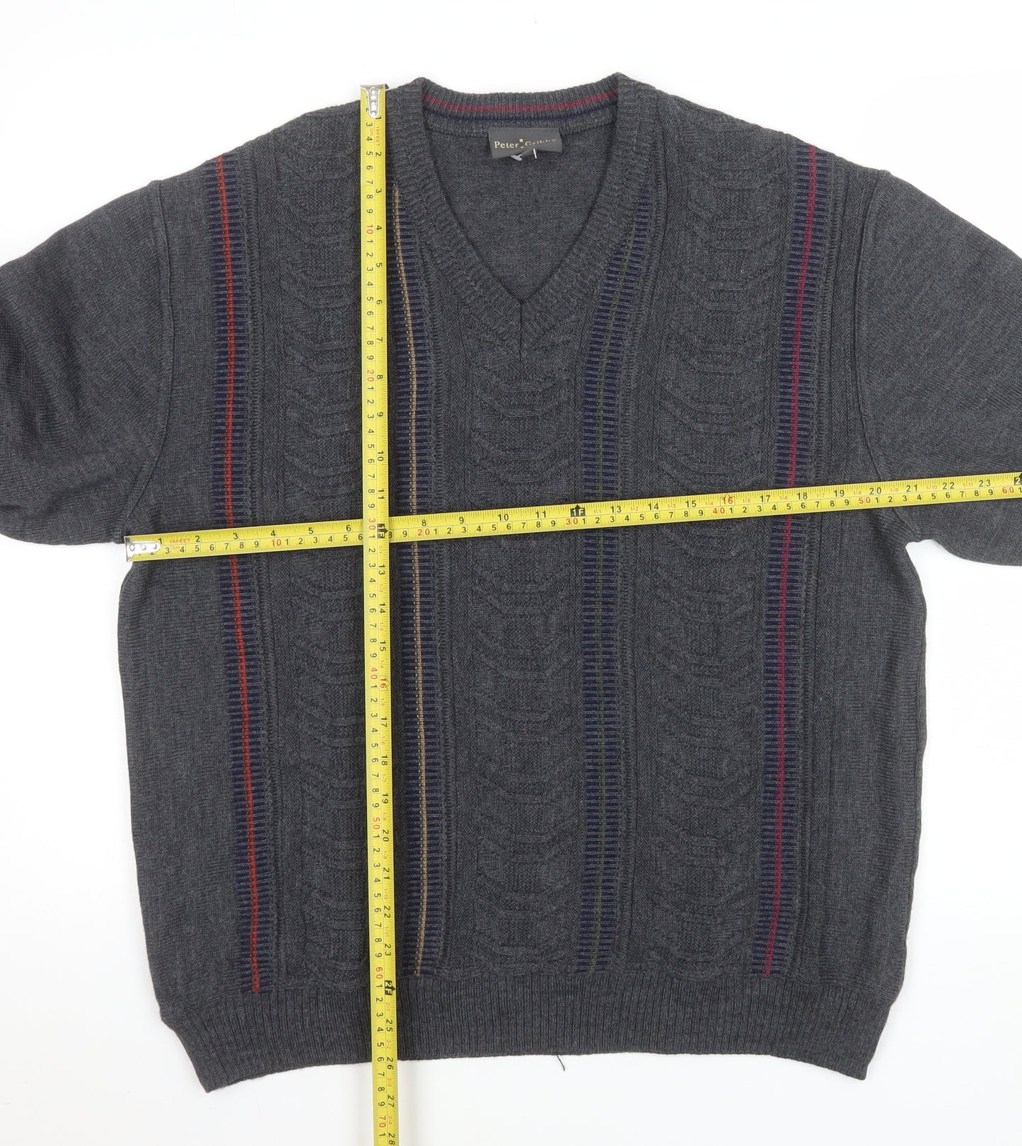 Peter Gribby Men’s Grey Cable-Knit Wool Blend V-Neck Jumper L