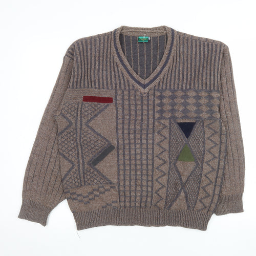 Canda Men's Brown Geometric Knit V-Neck Pullover Jumper Size S Vintage