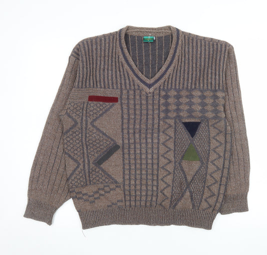 Canda Men's Brown Geometric Knit V-Neck Pullover Jumper Size S Vintage