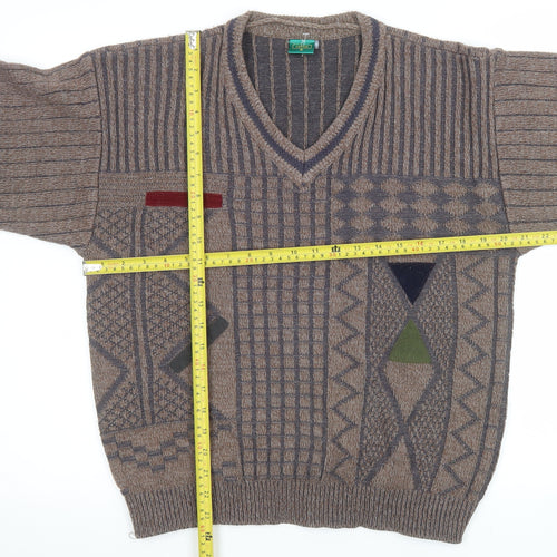 Canda Men's Brown Geometric Knit V-Neck Pullover Jumper Size S Vintage