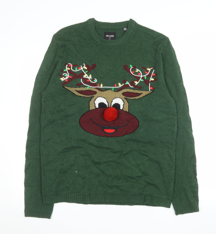ONLY & SONS Men’s Green Christmas Reindeer Jumper Size M Pullover Knit