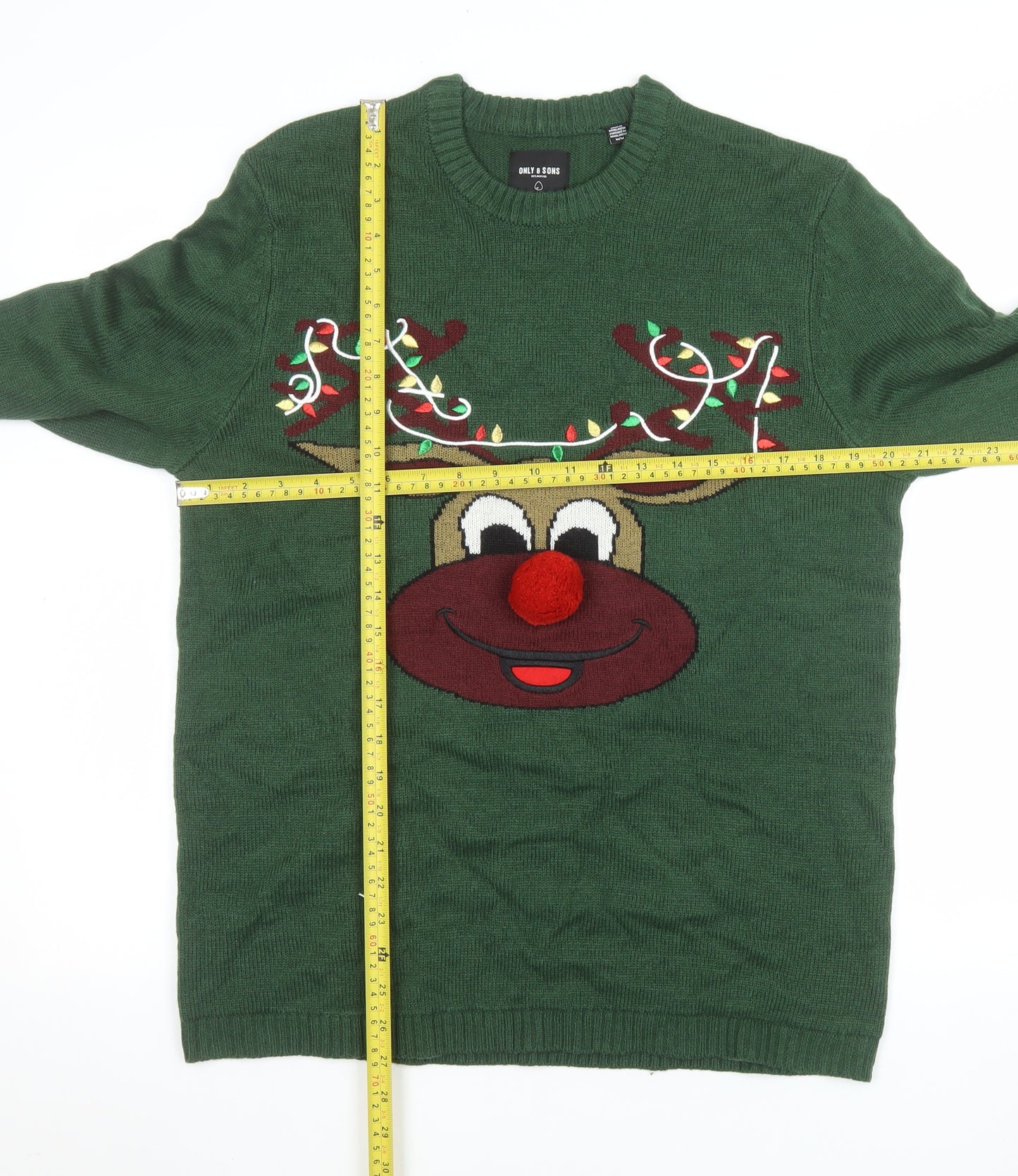 ONLY & SONS Men’s Green Christmas Reindeer Jumper Size M Pullover Knit