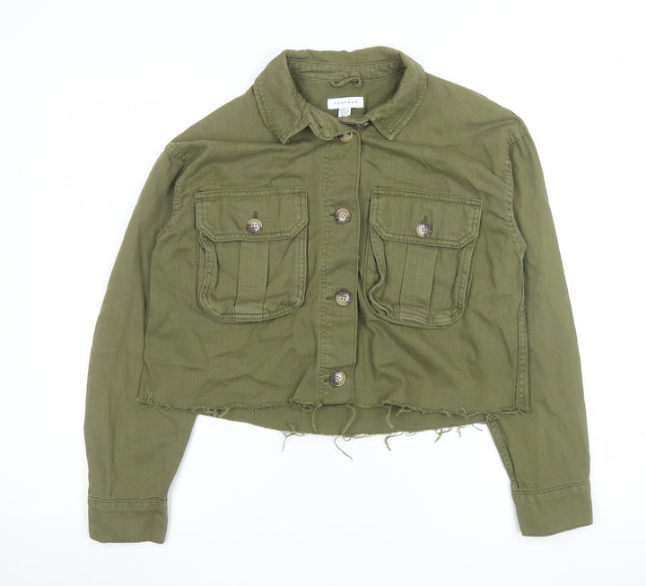 Topshop Women Green Cropped Military Jacket S Cotton Button Up