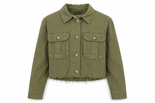 Front view of Topshop Women Green Cropped Military Jacket S Cotton Button Up