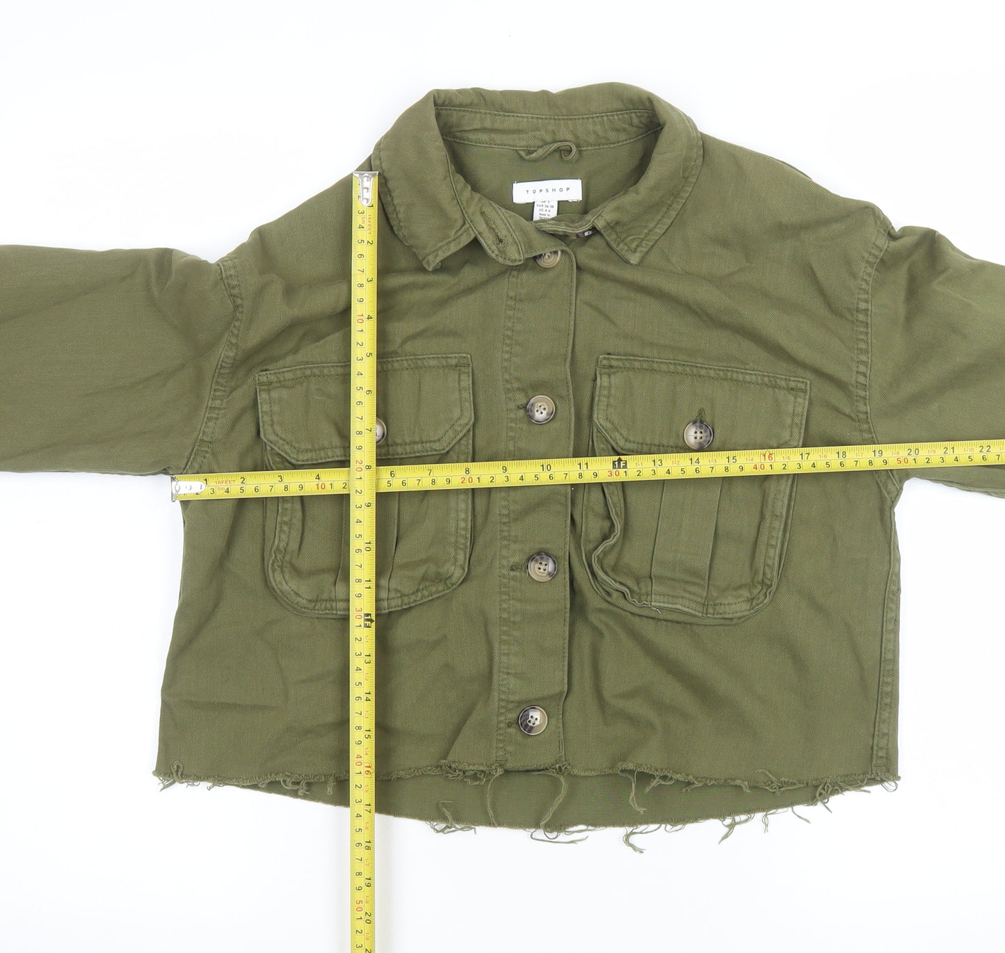 Topshop Women Green Cropped Military Jacket S Cotton Button Up