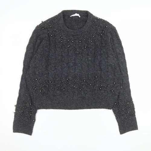 Primark Women Grey Beaded Cable-Knit Pullover Jumper Size M