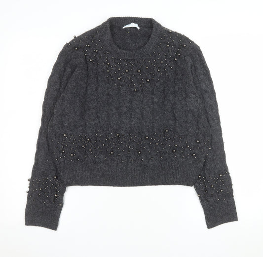 Primark Women Grey Beaded Cable-Knit Pullover Jumper Size M