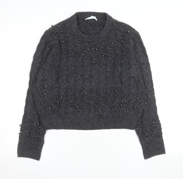 Primark Women Grey Beaded Cable-Knit Pullover Jumper Size M