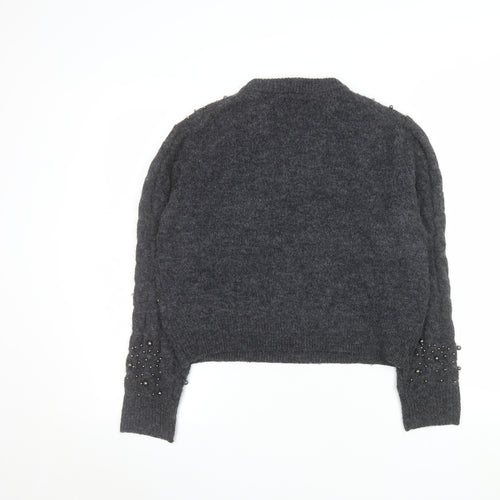 Primark Women Grey Beaded Cable-Knit Pullover Jumper Size M