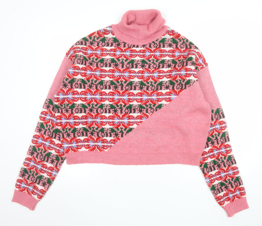 ASOS Womens Pink Roll Neck Fair Isle Wool Blend Jumper Size 10