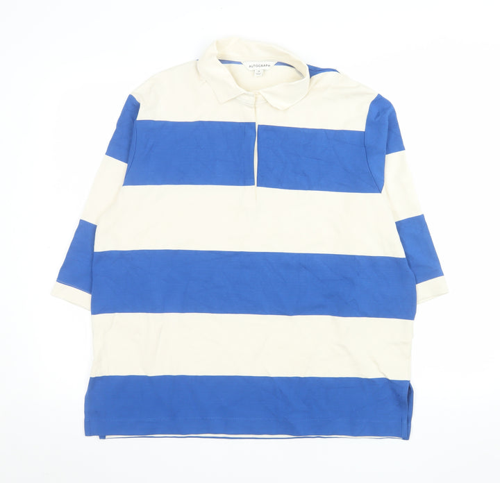 Marks and Spencer Autograph Womens Blue White Striped Polo Top Size 14
