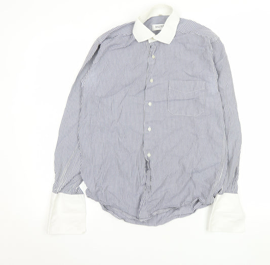 Balmain Paris Men's Blue Striped Formal Dress Shirt S 37cm French Cuff