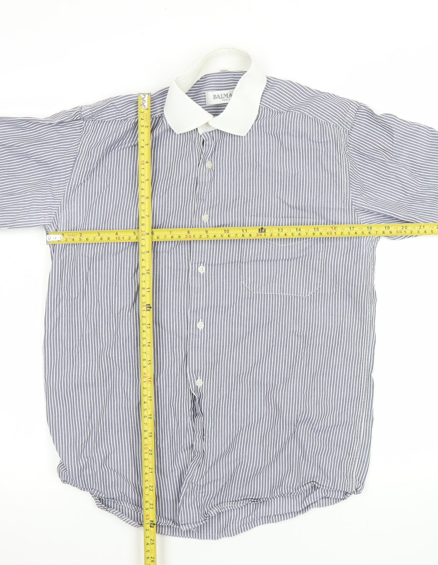 Balmain Paris Men's Blue Striped Formal Dress Shirt S 37cm French Cuff