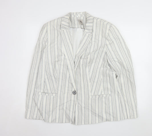 Tu Women’s White Striped Linen Blend Single-Breasted Blazer Size 18
