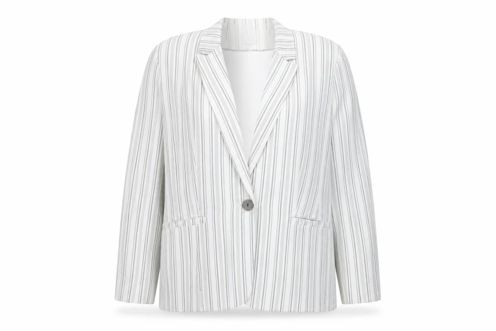 Front view of Tu Women’s White Striped Linen Blend Single-Breasted Blazer, size UK 18