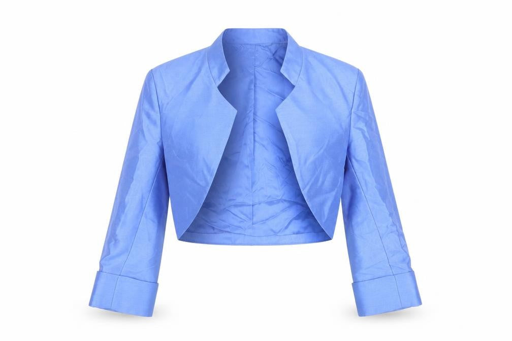 Front view of Alexon Women's Blue Silk Wool Cropped Suit Jacket, size 8