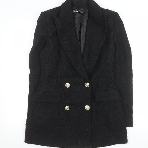 Zara Women Black Tweed Double-Breasted Blazer XS