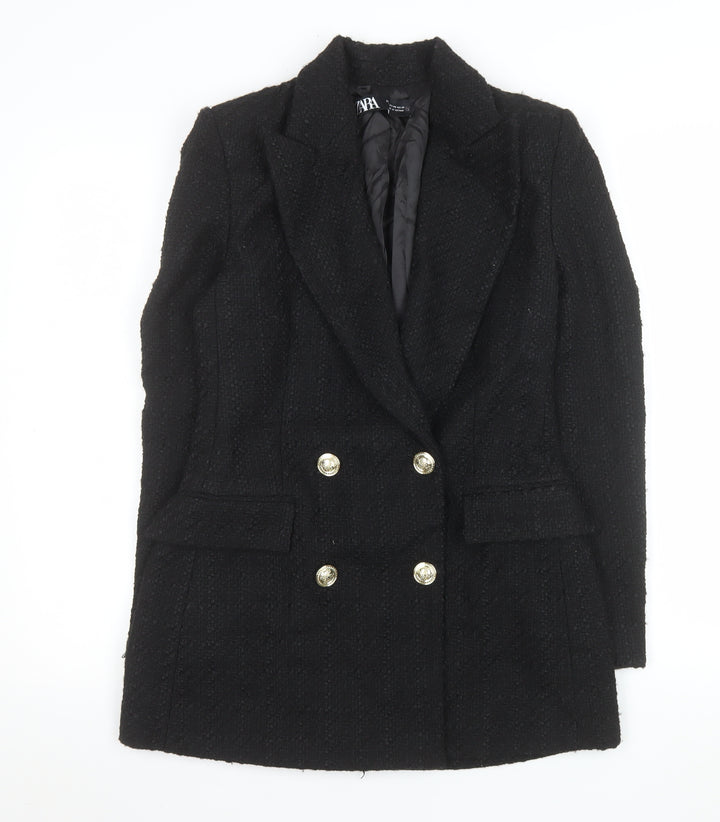 Zara Women Black Tweed Double-Breasted Blazer XS