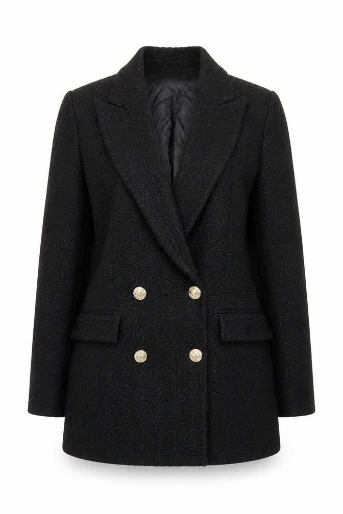 Front view of Zara Women Black Tweed Double-Breasted Blazer XS