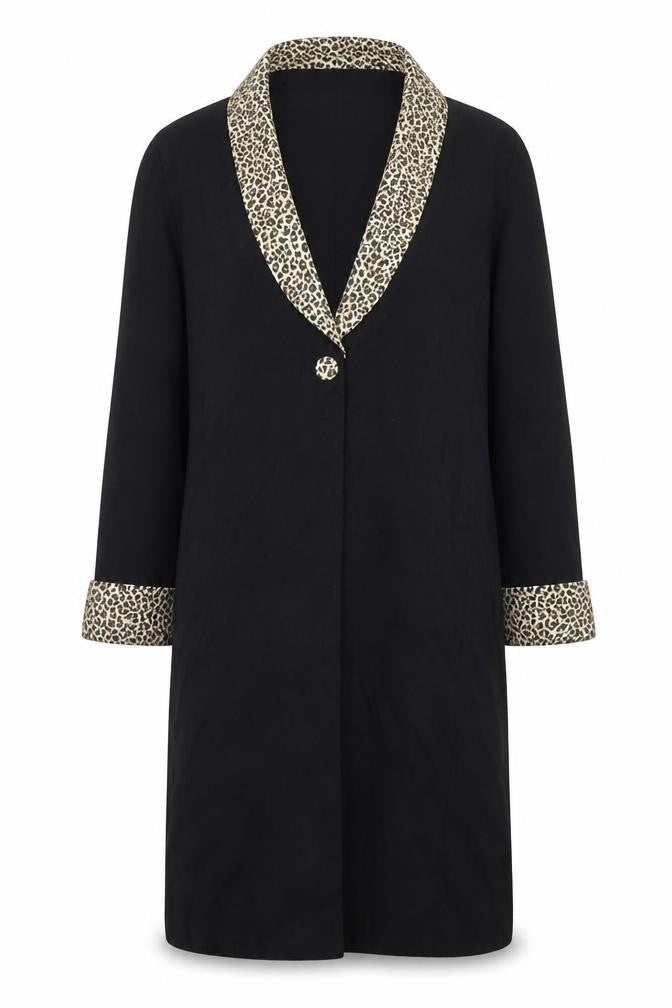 Front view of Petite Perceptions Women’s Black Leopard Trim Long Coat, size UK 8