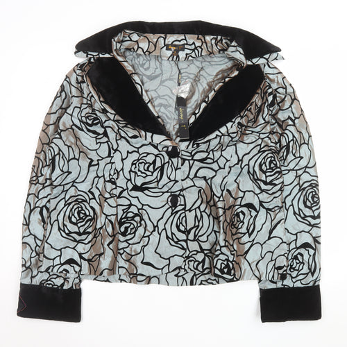 Jenny T Women Grey Floral Velvet Collar Shawl Lapel Blazer XL