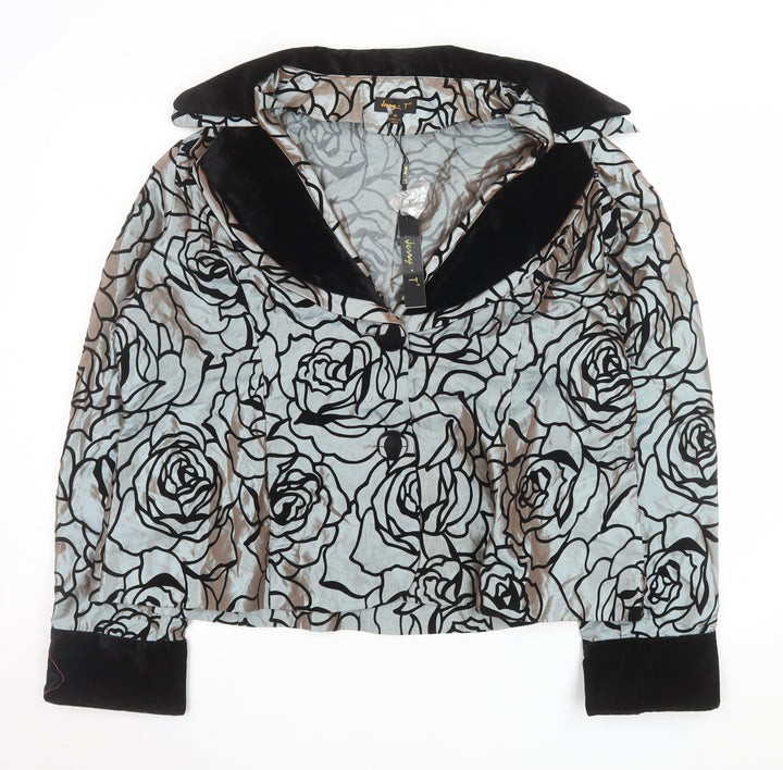 Jenny T Women Grey Floral Velvet Collar Shawl Lapel Blazer XL