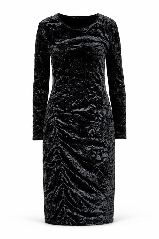 Front view of Next Women’s Black Velvet Bodycon Ruched Dress, size UK 12