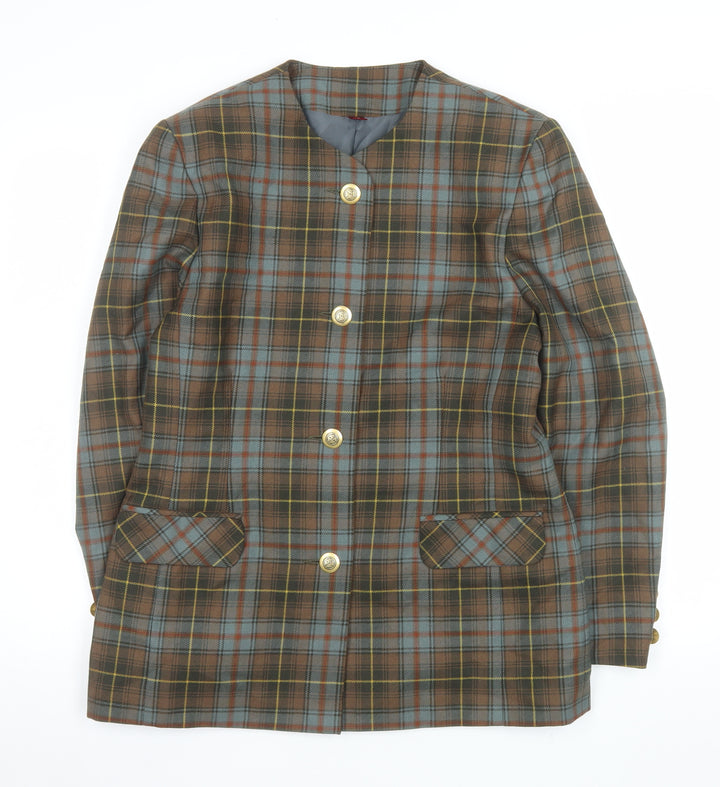 Pitlochry Women Brown Checked Wool Blazer Size 14 Classic Tweed Jacket