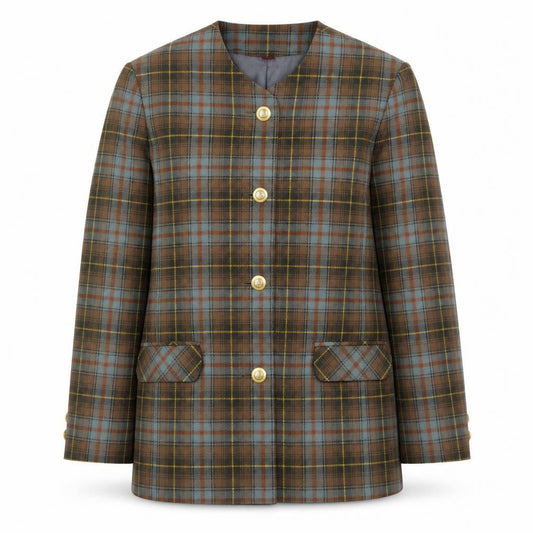 Front view of Pitlochry Women Brown Checked Wool Blazer, size 14, Classic Tweed Jacket