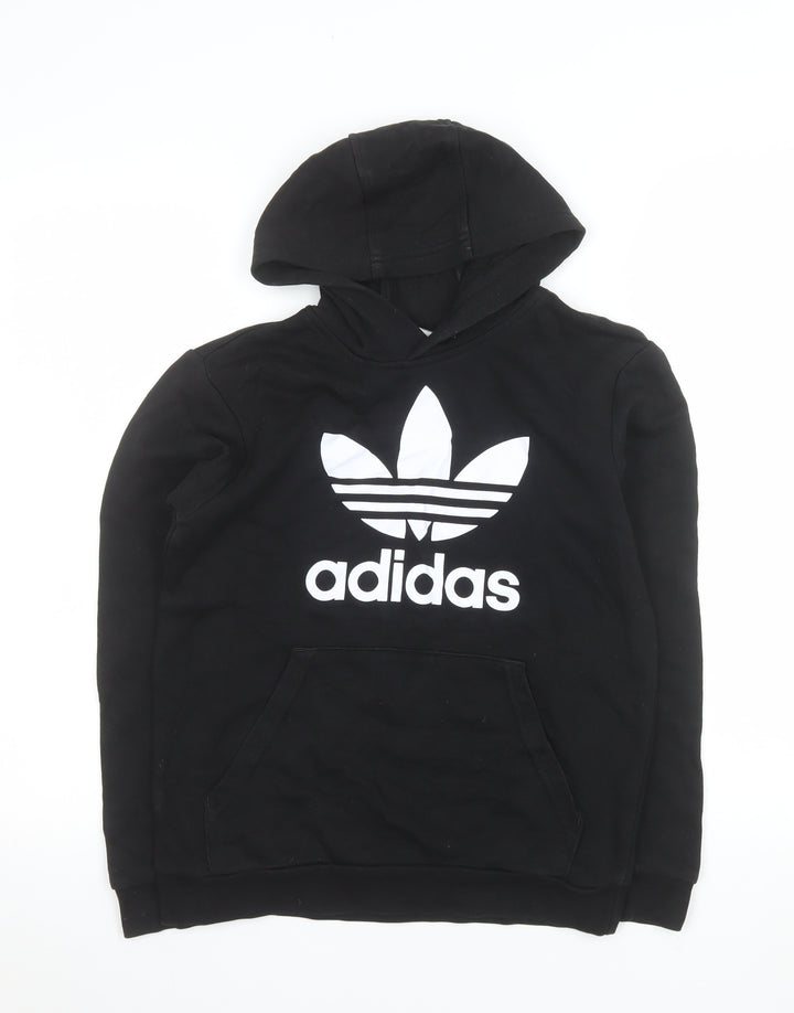 Adidas Boys Black 11-12 Years Pullover Hoodie with Logo Print