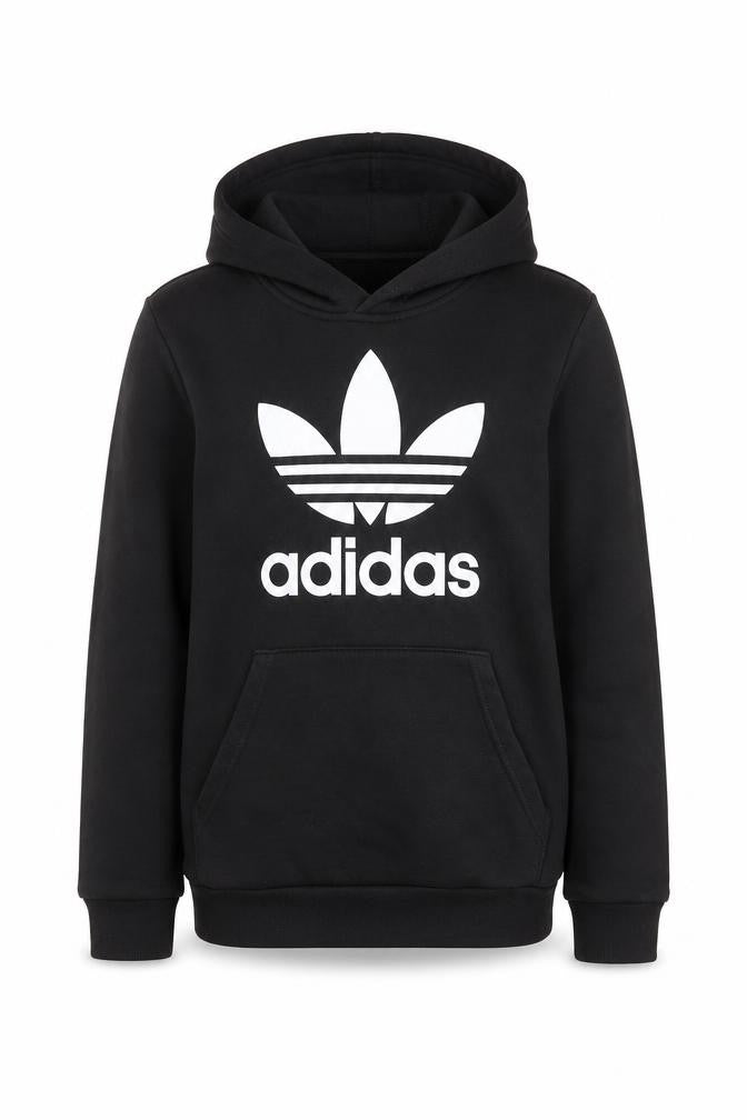 Front view of Adidas boys’ black 11-12 years pullover hoodie with logo print