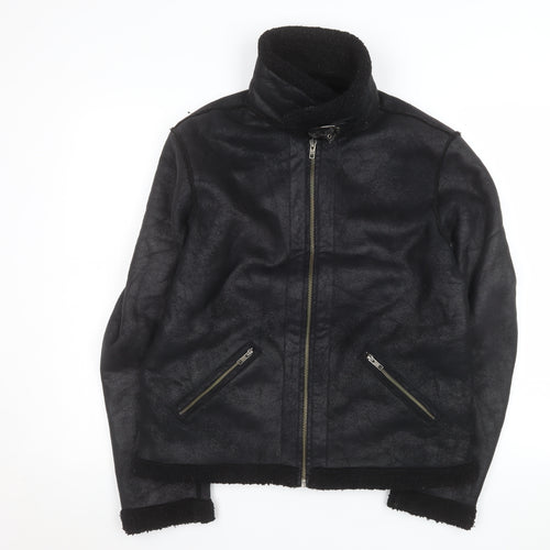 ASOS Womens Black Biker Jacket Size M Faux Shearling Lined Winter Coat