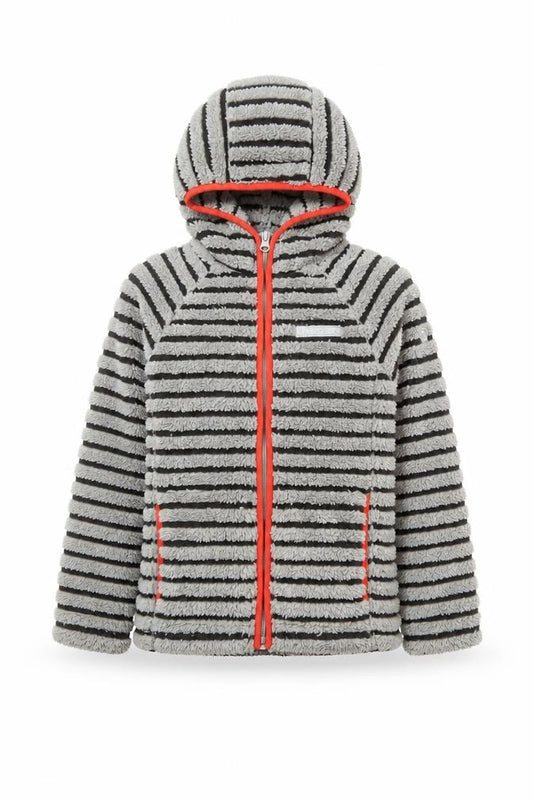 Front view of Craghoppers boys’ grey striped hooded fleece jacket age 7-8 years