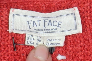 Fat Face Women Red Cotton Jumper UK 10 Crew Neck Knit Long Sleeve
