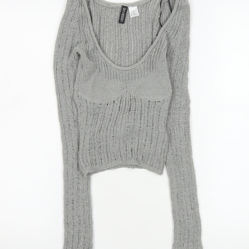 H&M Divided Women Grey Cropped Knit Long Sleeve Top Size 2XS