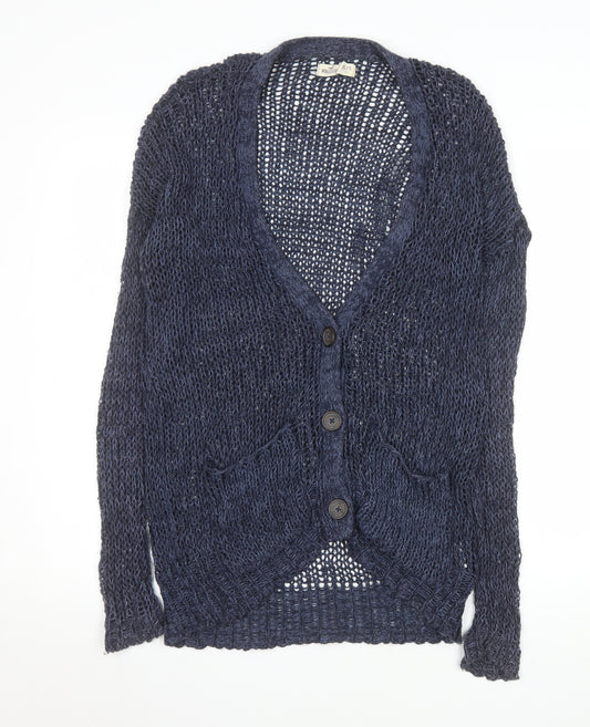 Hollister Women Blue Open-Knit Cardigan XS Lightweight V-Neck