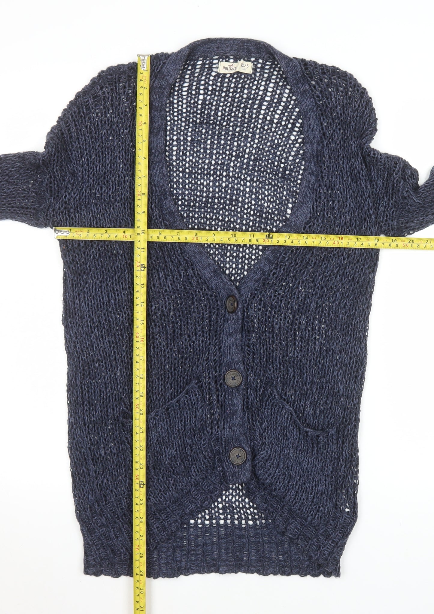 Hollister Women Blue Open-Knit Cardigan XS Lightweight V-Neck