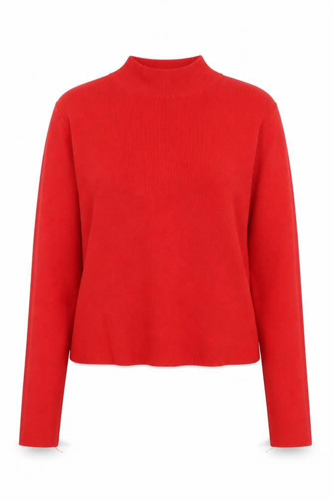 Front view of H&M Divided Women's Red Mock Neck Tie Back Long Sleeve Knit Top, size M