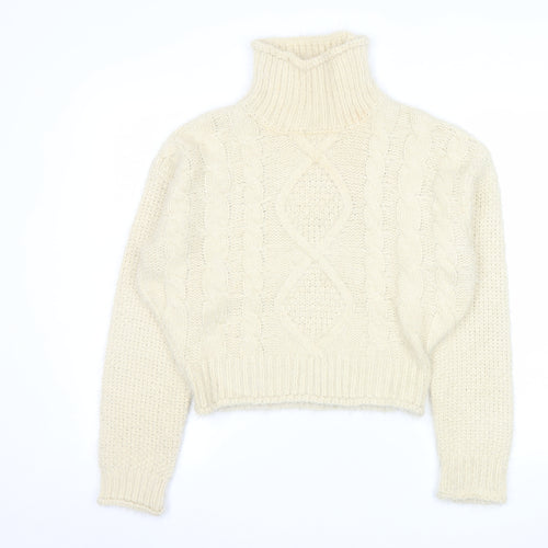 Girl In Mind Women Ivory Cable-Knit Roll Neck Jumper M