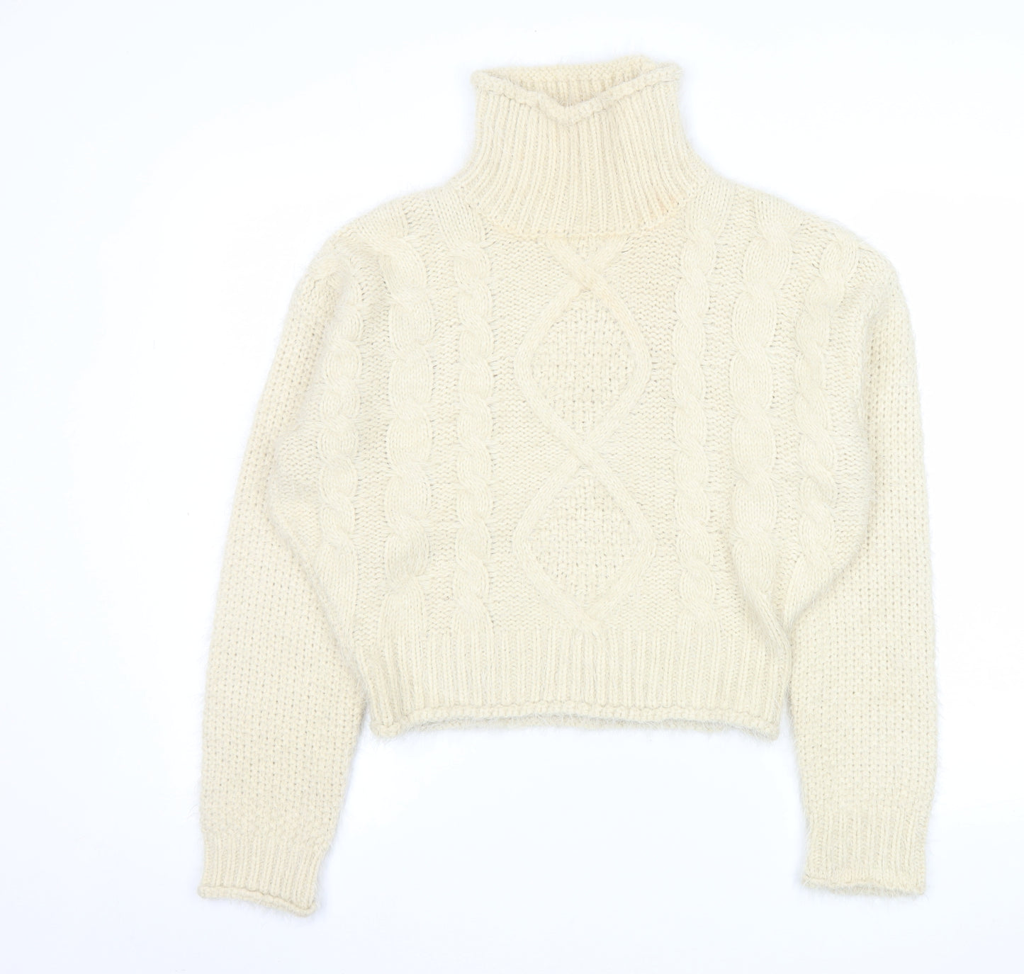 Girl In Mind Women Ivory Cable-Knit Roll Neck Jumper M