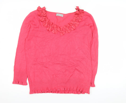 Marks and Spencer Per Una Women Pink Ruffle V-Neck Knit Blouse Size 12