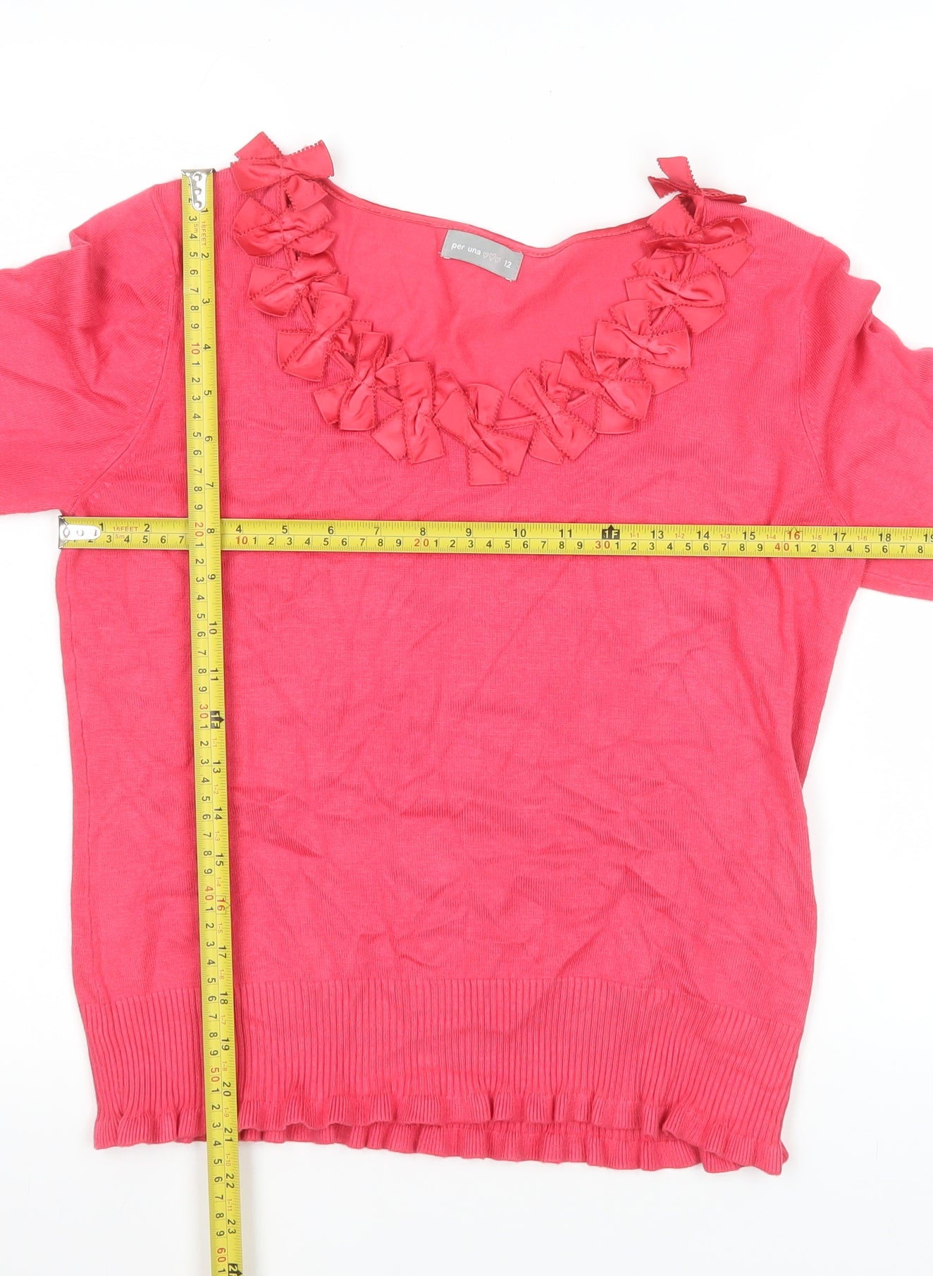 Marks and Spencer Per Una Women Pink Ruffle V-Neck Knit Blouse Size 12