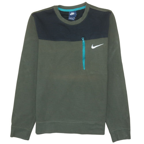 Nike Men's Green Pullover Sweatshirt Small Crew Neck Logo Zip Pocket