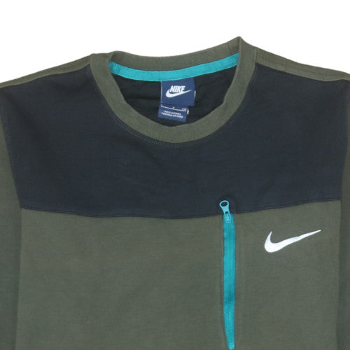 Nike Men's Green Pullover Sweatshirt Small Crew Neck Logo Zip Pocket
