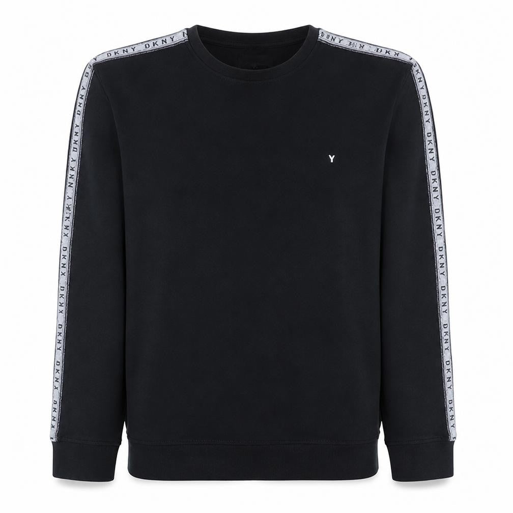 Front view of DKNY Men's Black Logo Tape Crew Neck Sweatshirt, size L