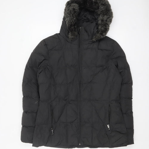 Calvin Klein Womens Black L Puffer Jacket Hooded Faux Fur Trim Winter Coat
