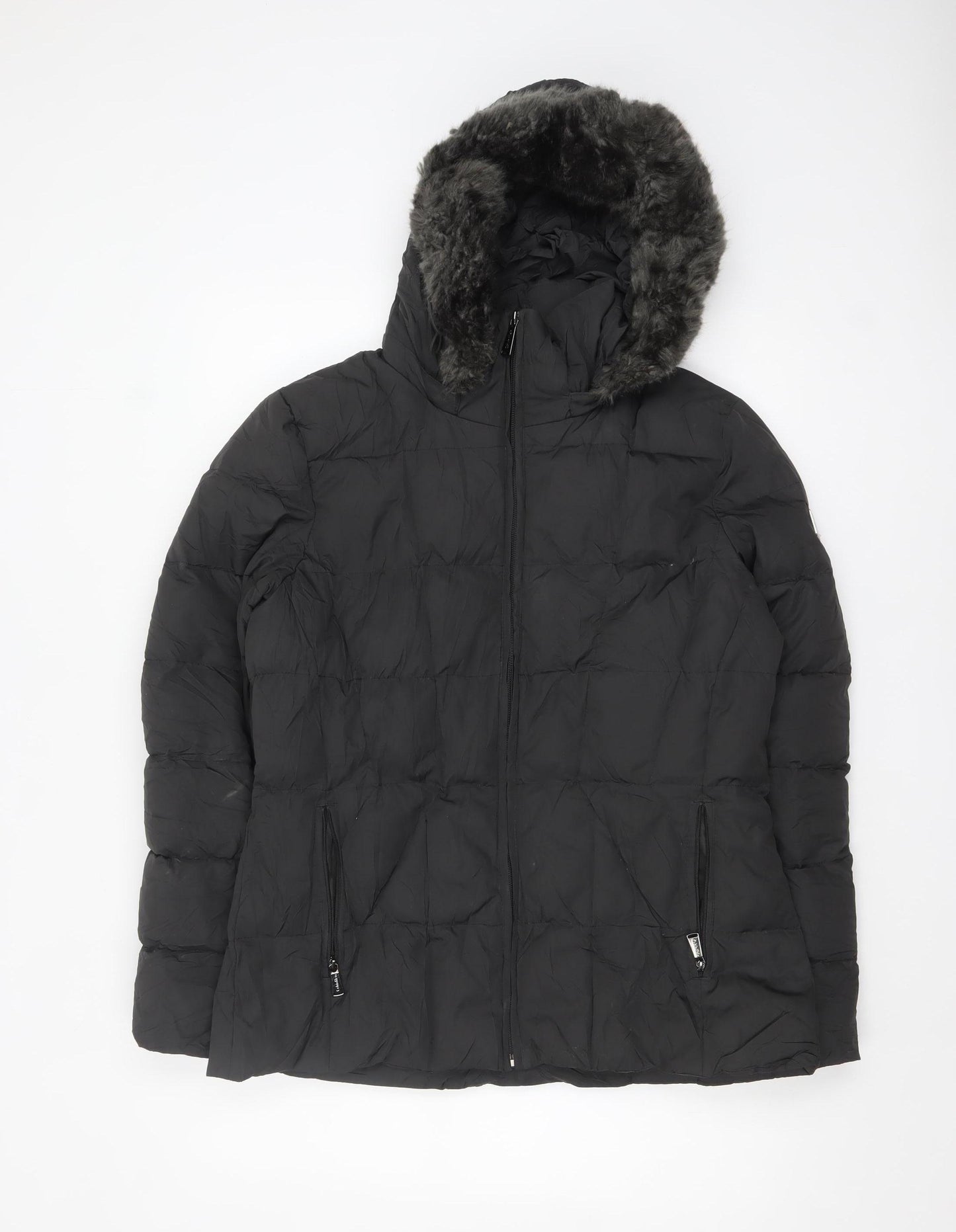Calvin Klein Womens Black L Puffer Jacket Hooded Faux Fur Trim Winter Coat