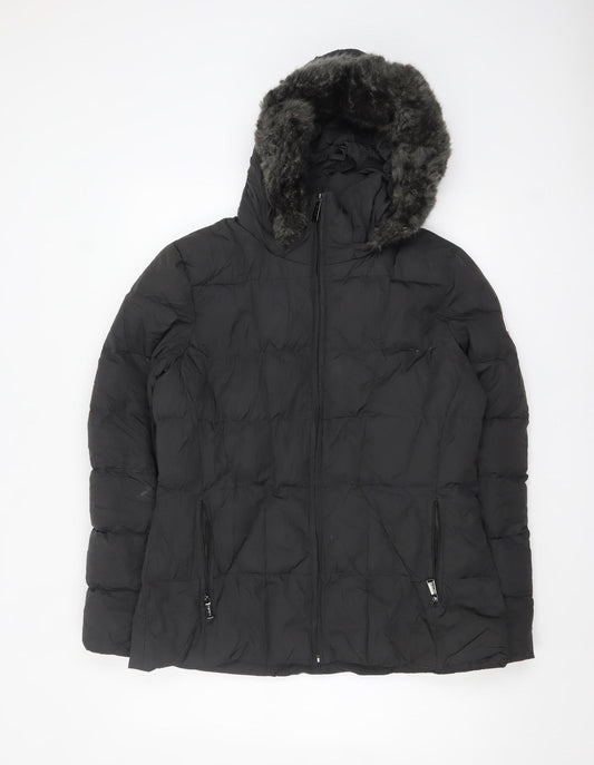 Calvin Klein Womens Black L Puffer Jacket Hooded Faux Fur Trim Winter Coat