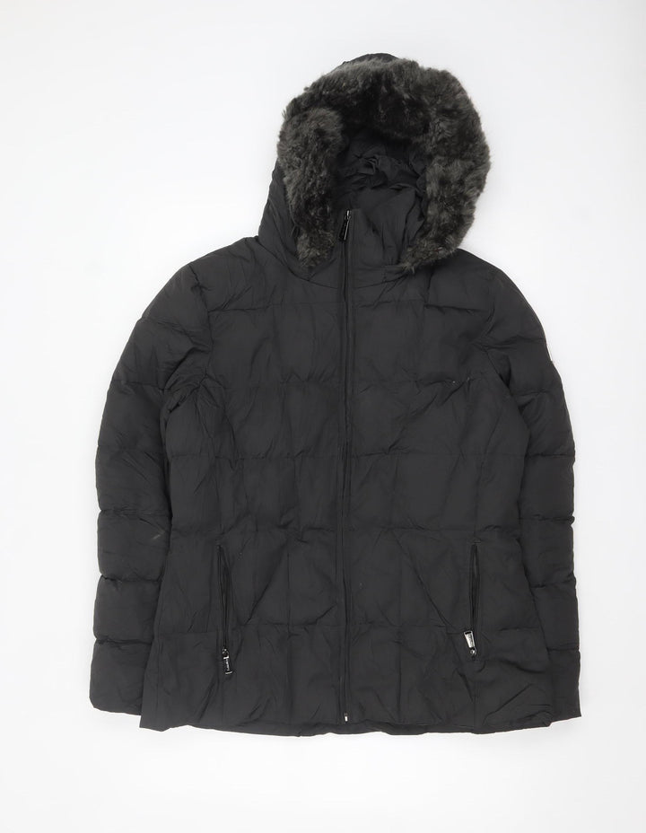 Calvin Klein Womens Black L Puffer Jacket Hooded Faux Fur Trim Winter Coat